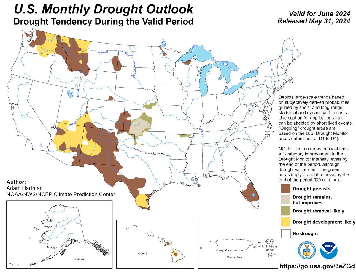 U.S. Monthly Drought Outlook Map of U.S. June 2024